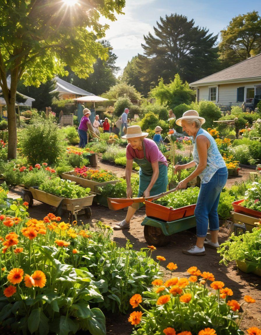 A vibrant community garden scene with diverse individuals planting together, sharing laughter and gardening tools. Include colorful flowers, fresh vegetables, and a sunny sky to represent growth and support. Showcase people of different ages and backgrounds working harmoniously, illustrating connection and friendship. super-realistic. vibrant colors. warm sunlight.