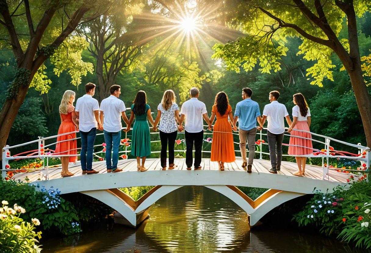 An intricate scene depicting diverse individuals of various backgrounds joyfully collaborating on a colorful bridge made of hearts and hands, symbolizing emotional connections. Surround the bridge with lush greenery and vibrant flowers, radiating positivity and warmth. Include soft rays of sunlight breaking through the trees, creating a serene and inviting atmosphere. super-realistic. vibrant colors. warm tones.