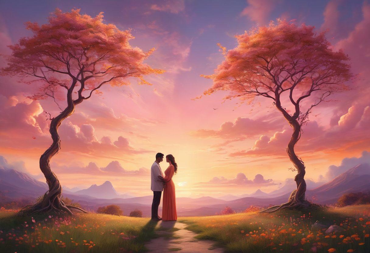 A serene scene depicting two human figures, one illustrated with a heartbeat line connecting to the other, symbolizing emotional connection. The background is radiant with warm tones representing well-being, including soft clouds and a gentle sunset. Incorporate elements like intertwined vines or blossoms around the figures to signify growth and emotional bonds. The overall atmosphere should evoke feelings of tranquility and unity. super-realistic. vibrant colors. soft blur effects.